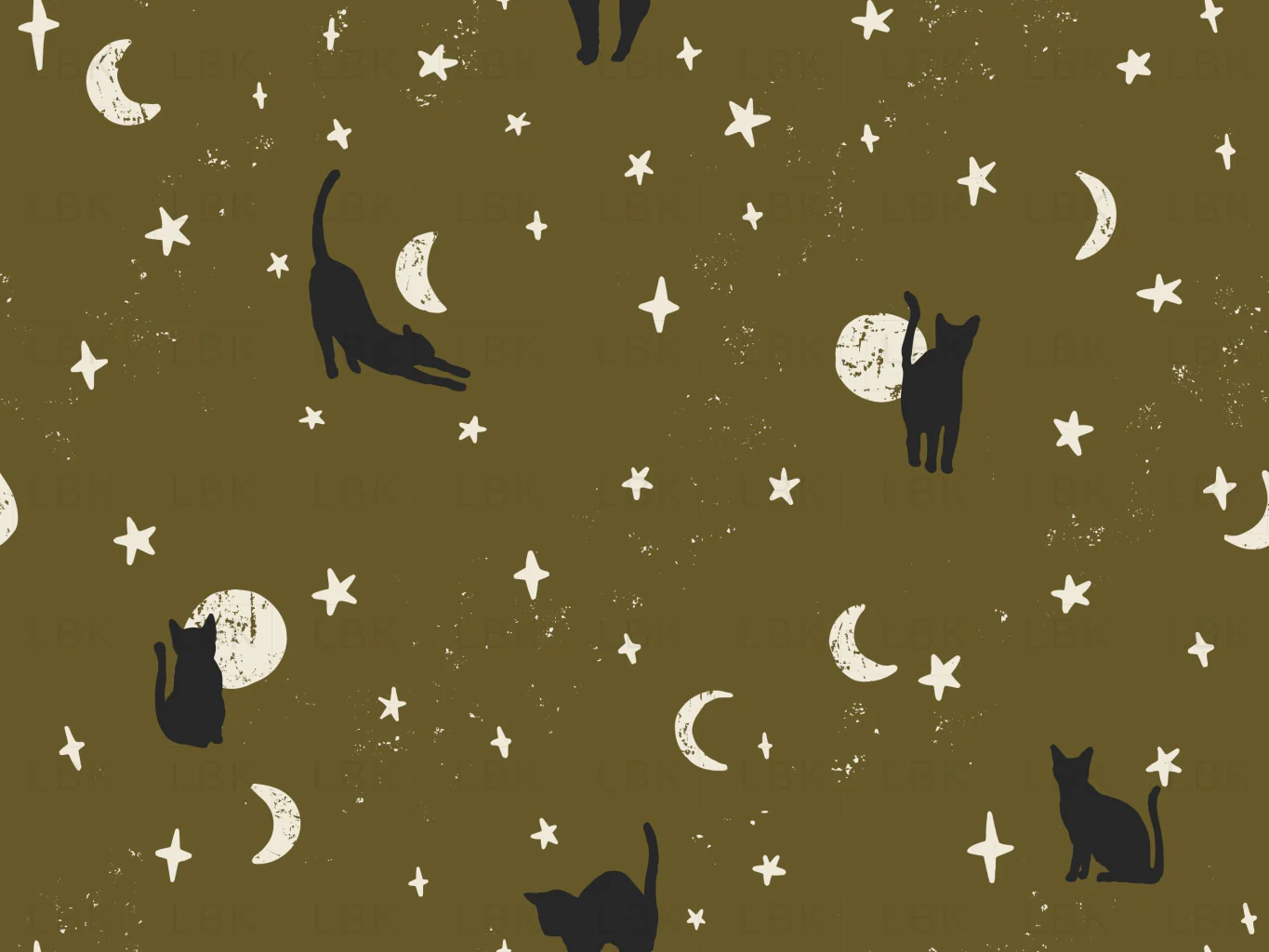 Black Cats Halloween Fabric on Dark Olive