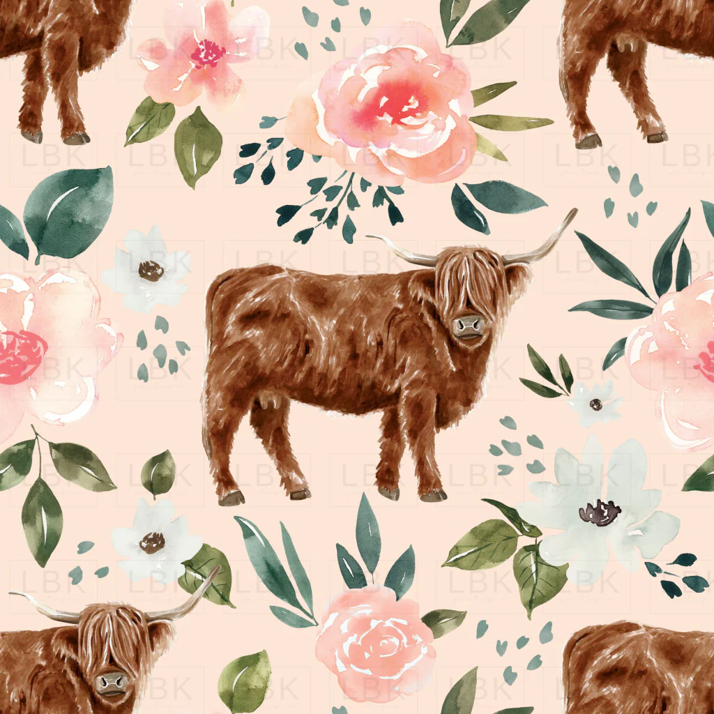 Blush Pink Vintage Spring Highland Cow Floral