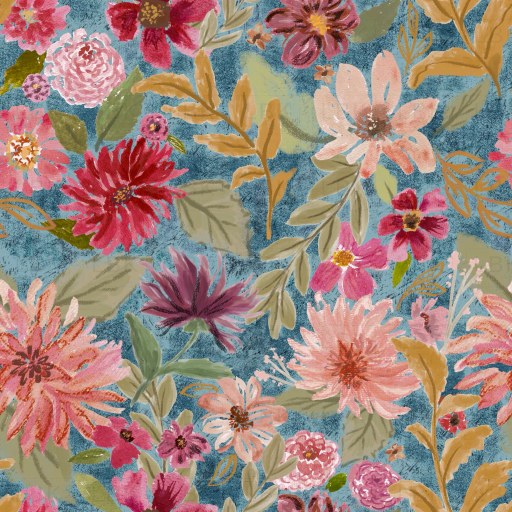 Boho blooms in vintage denim blue