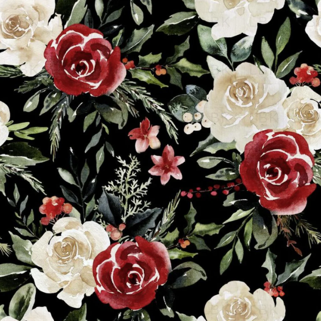 Christmas Greens Florals on Black