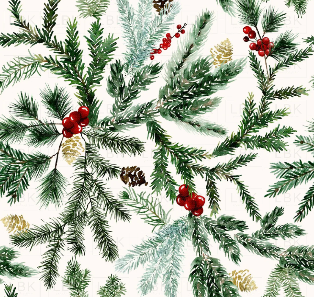 Christmas Pine and Red Berry Garland Foliage on Ecru White