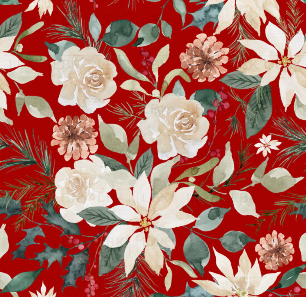 Christmas, Poinsettia, Pine and Berry on Red