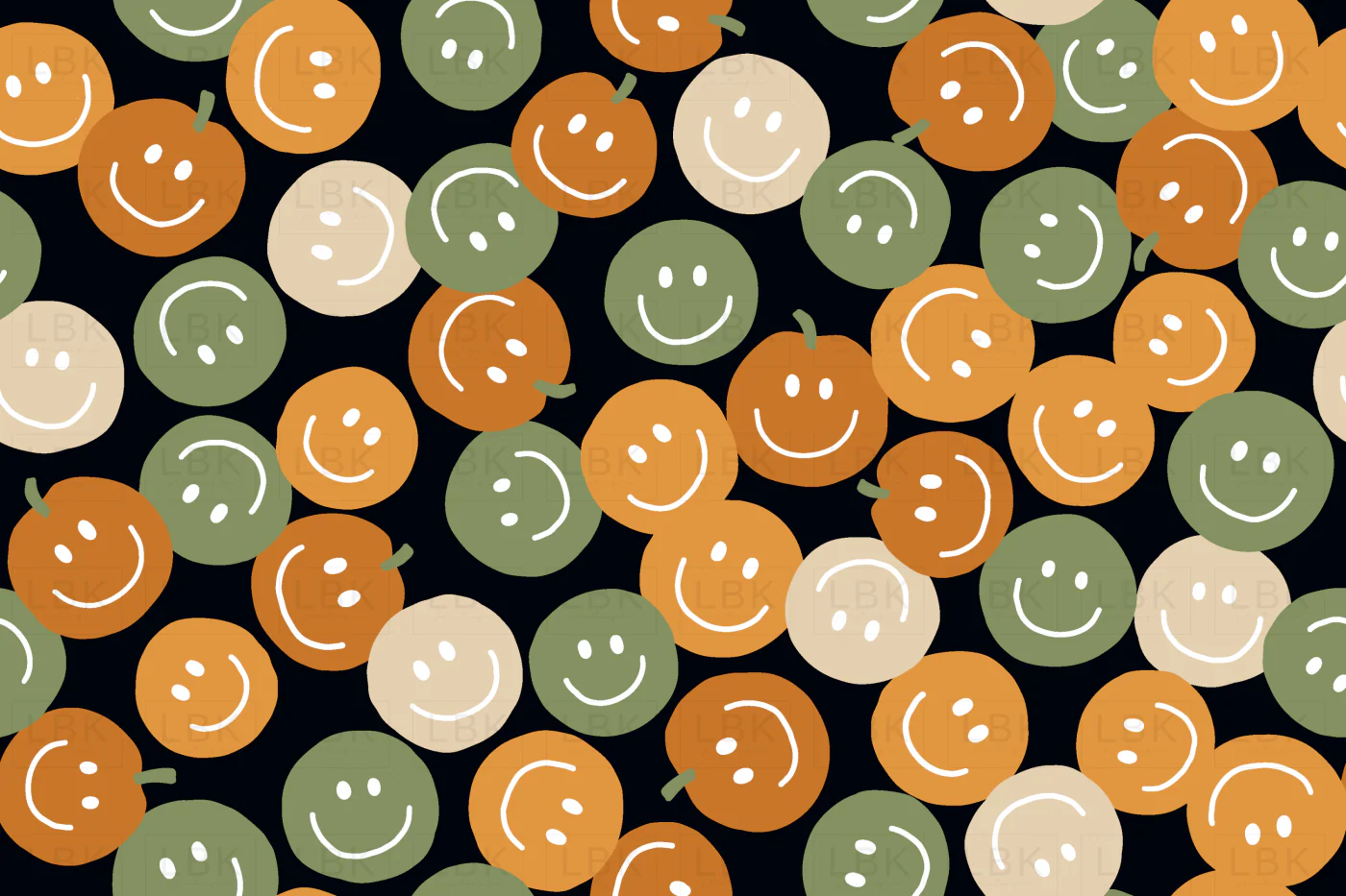 Cute smiley Halloween pumpkins in orange and green on black