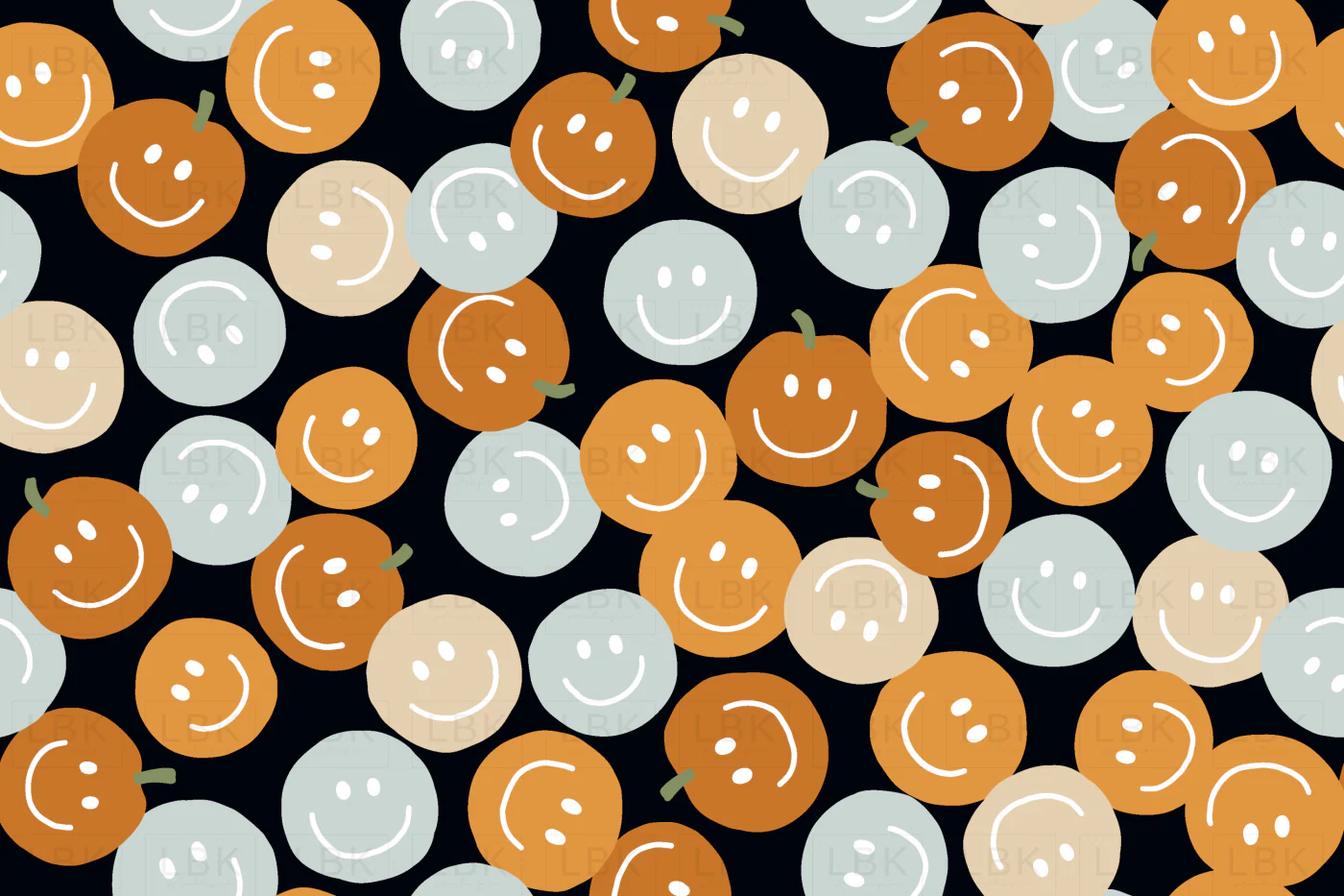 Cute smiley Halloween pumpkins in oranges and blue on black