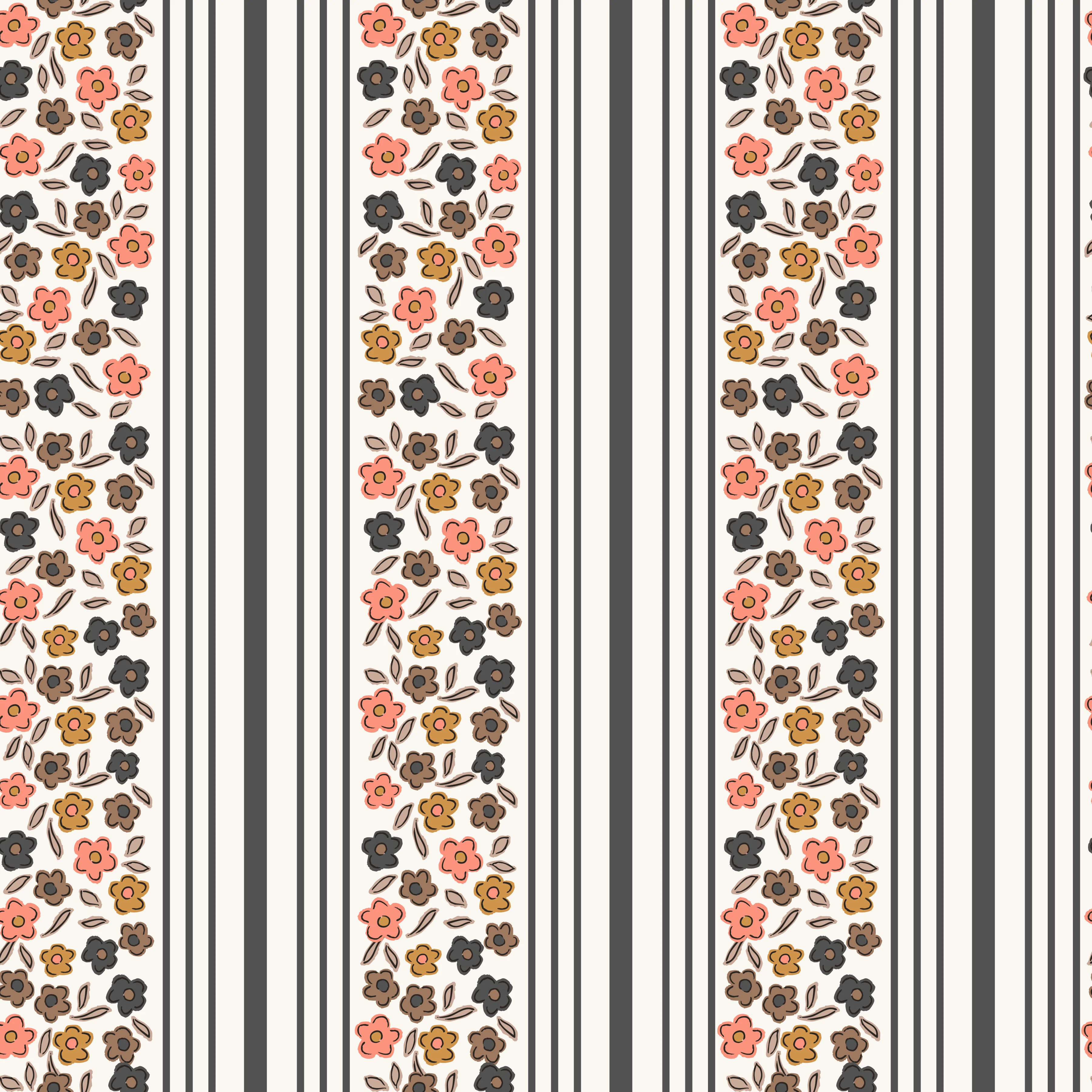 Ditsy Floral Vertical Stripe Orange and Black