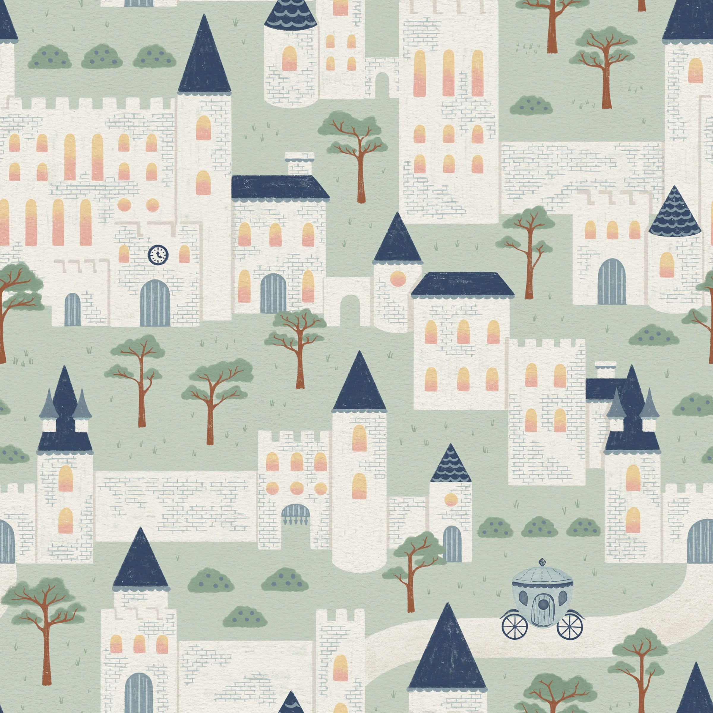 Fairytale Castle Courtyard Pastel Green and Blueberry