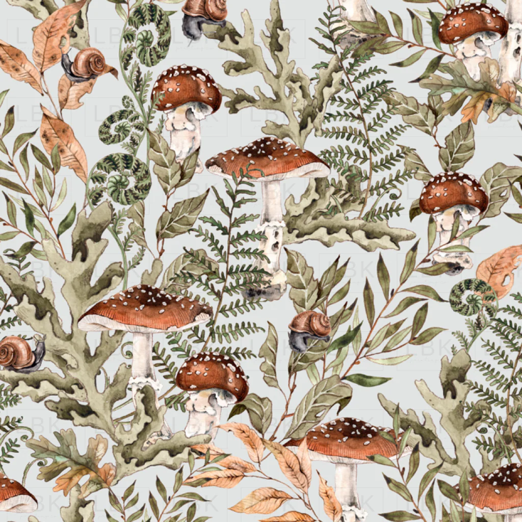 Fern Forest and Mushrooms on Pale Gray.