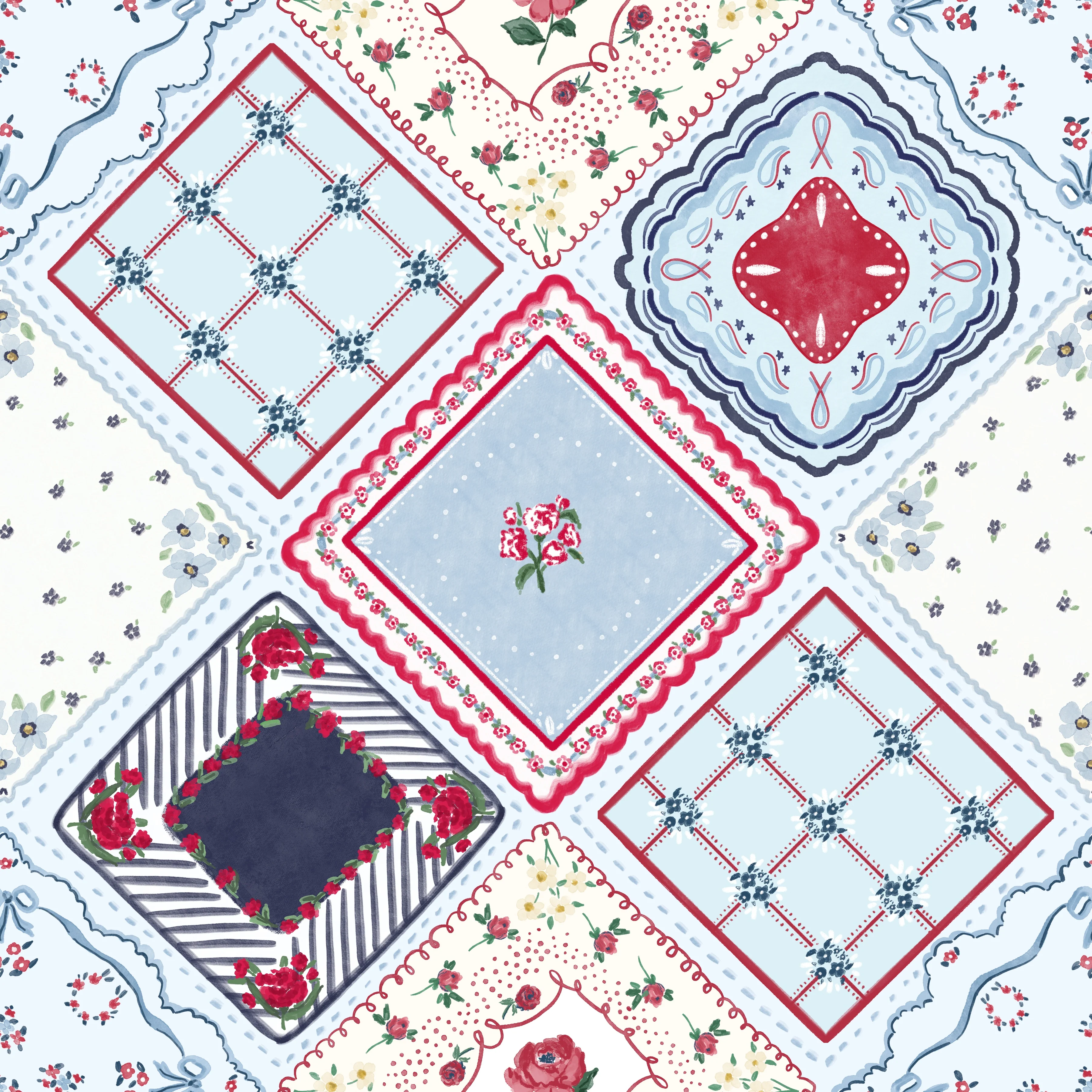 Floral keepsake Hankerchief quilt lt blue