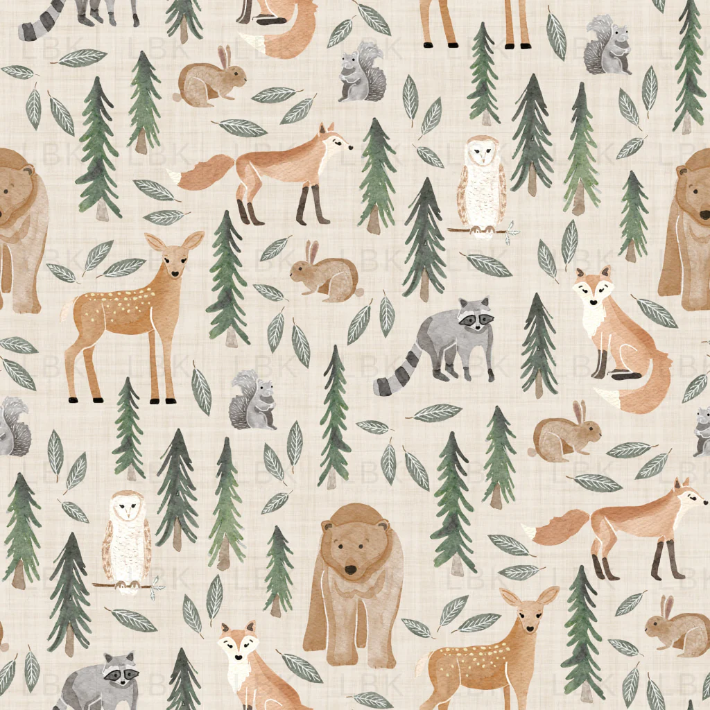 forest woodland animals- beige linen