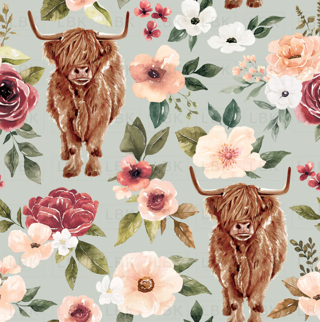 Highland Cow Floral Blue