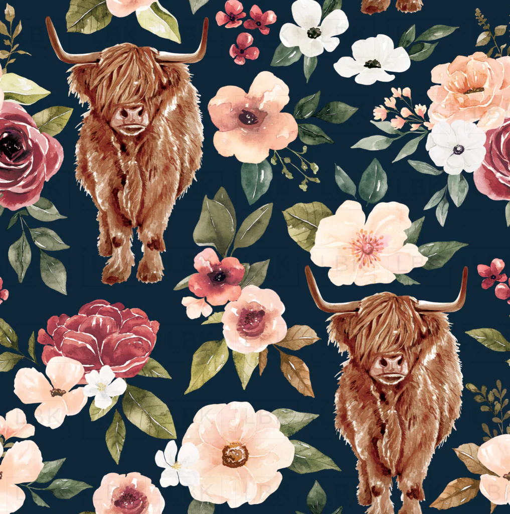 Highland Cow Floral Navy Blue
