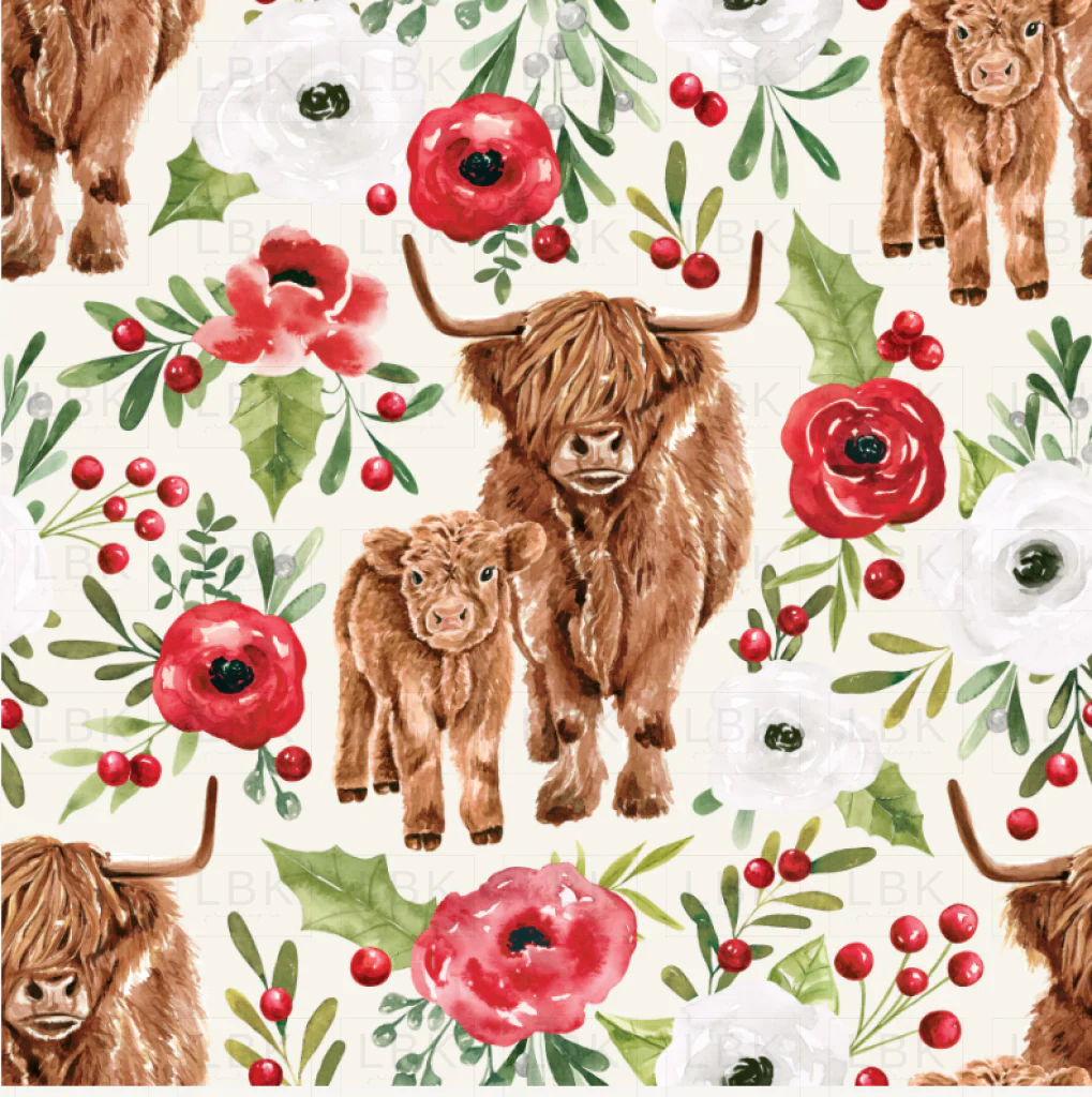 Holly and Pine Highland Cows Floral Cream