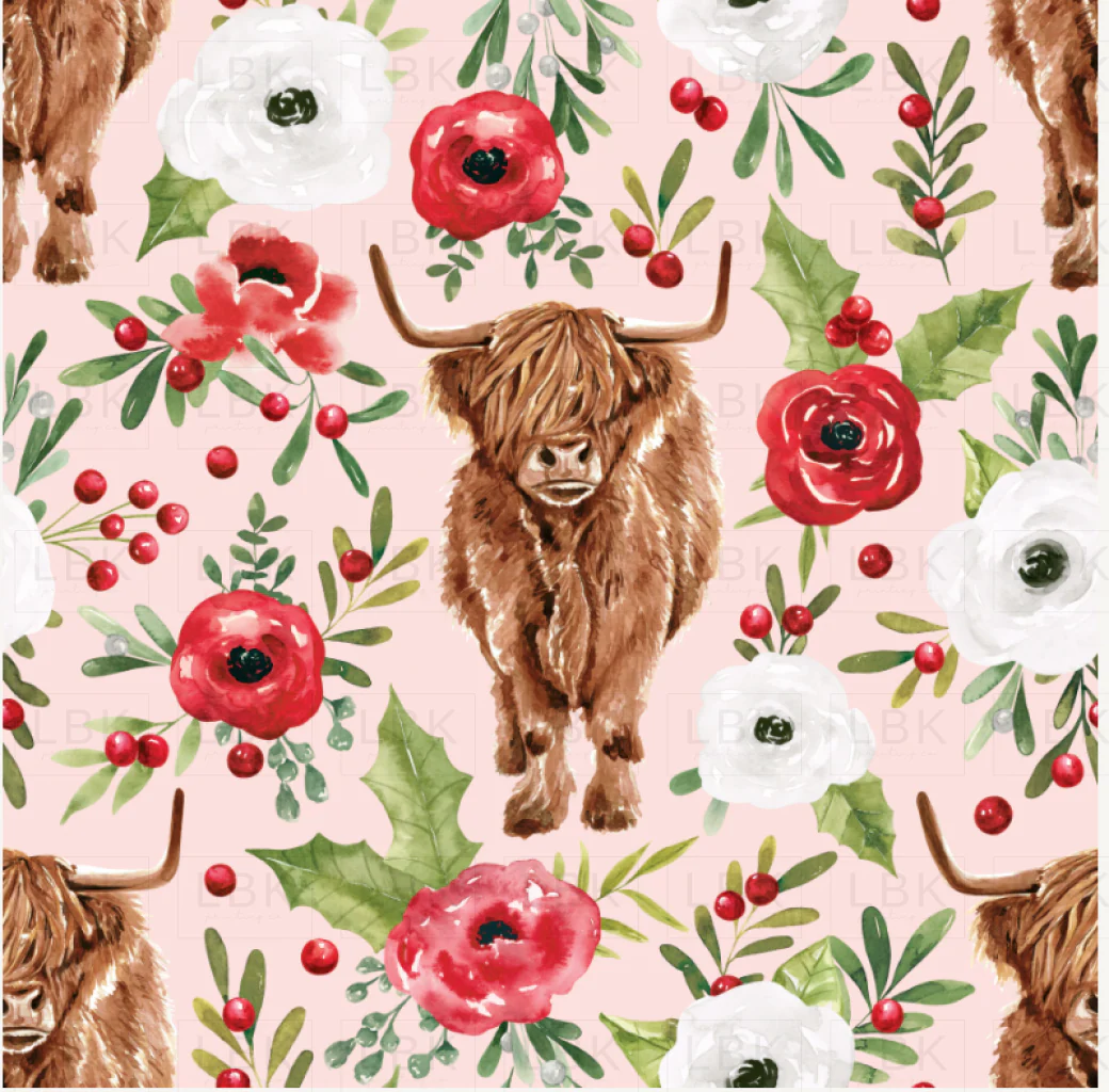 Holly and Pine Highland Cows Floral Pink