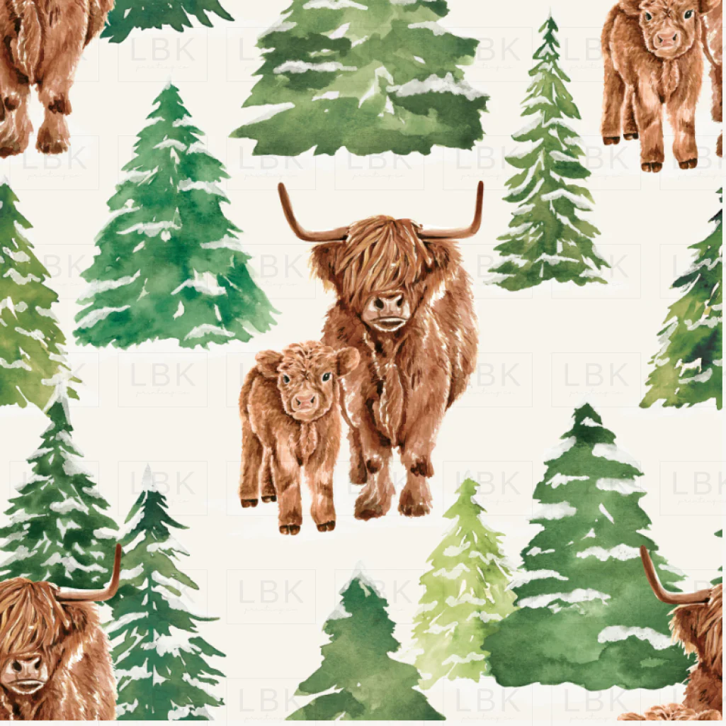 Holly and Pine Highland Cows Forest Green