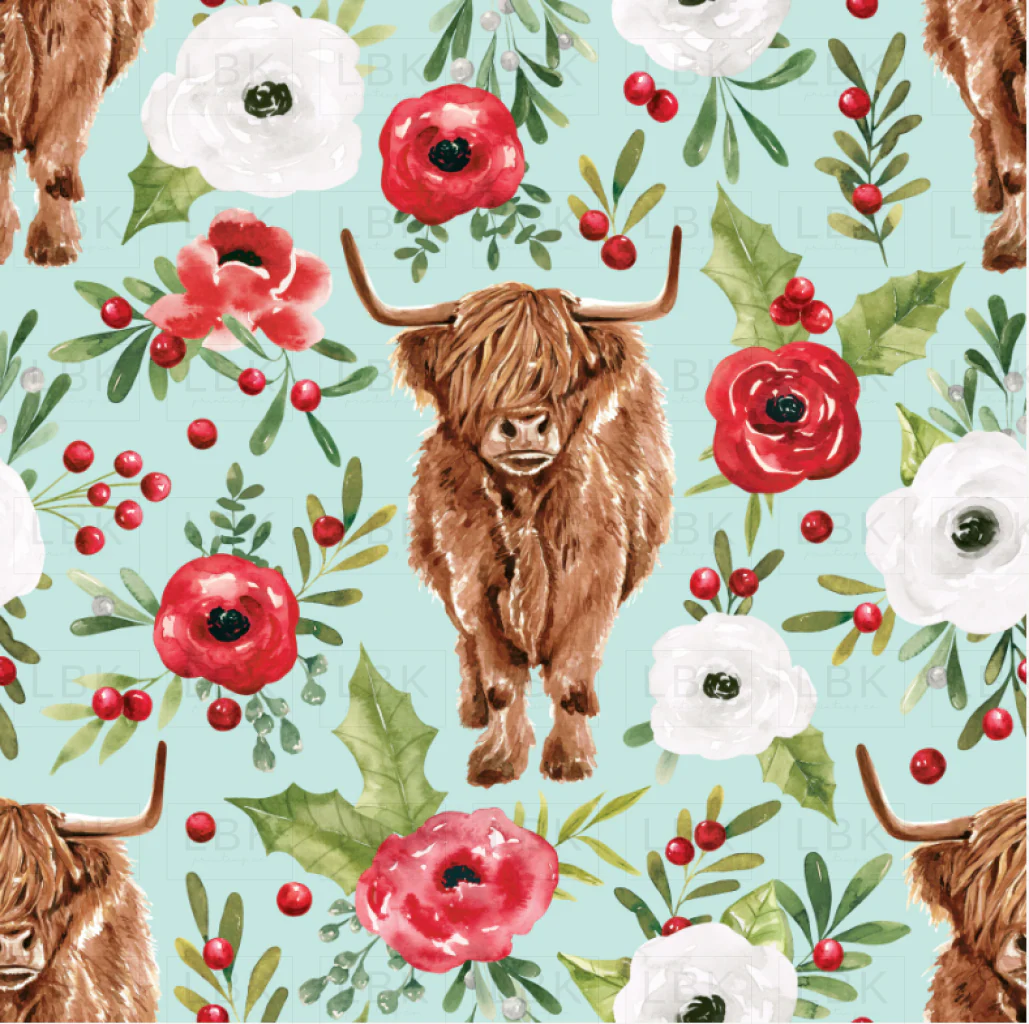 Holly and Pine Highland Cow Floral Blue