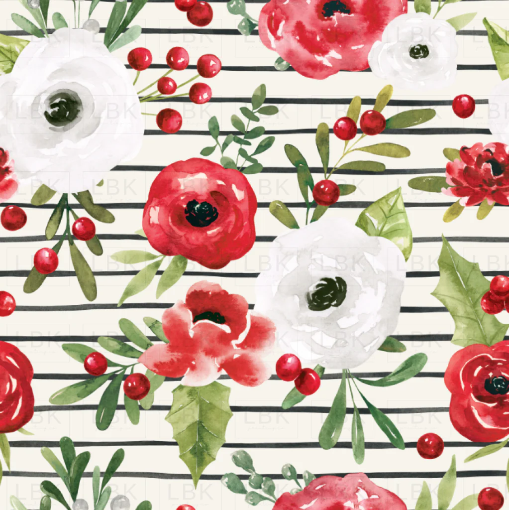 Holly and Pine Winter Floral Stripes Cream