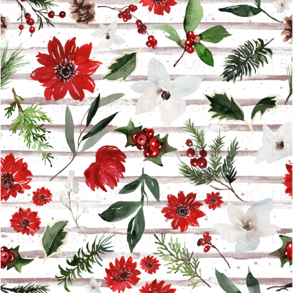 Jolly Christmas Florals on Dusty Blush Stripes