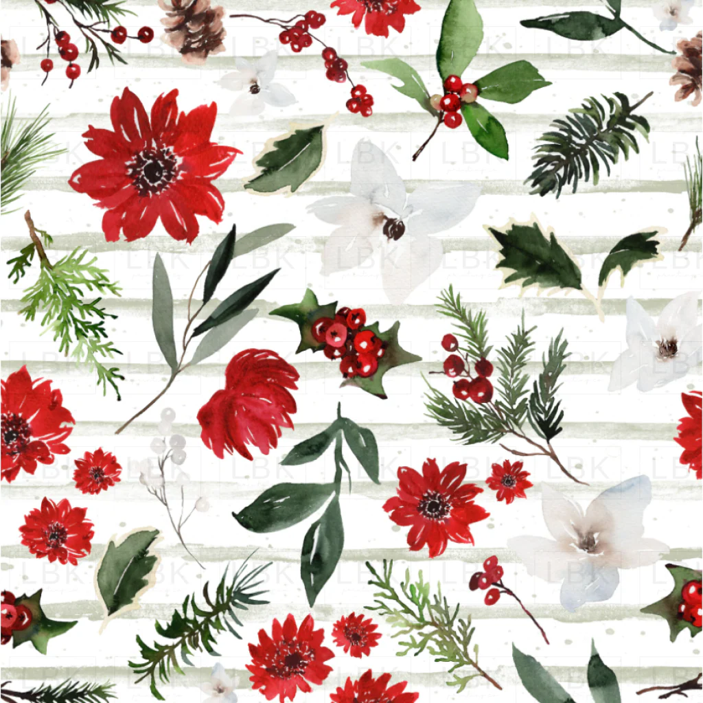 Jolly Christmas Florals on Minty Sage Stripes