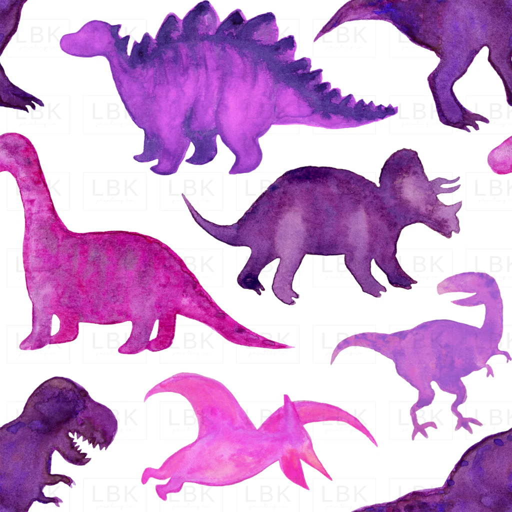Pink Purple Watercolor Dinosuars on White