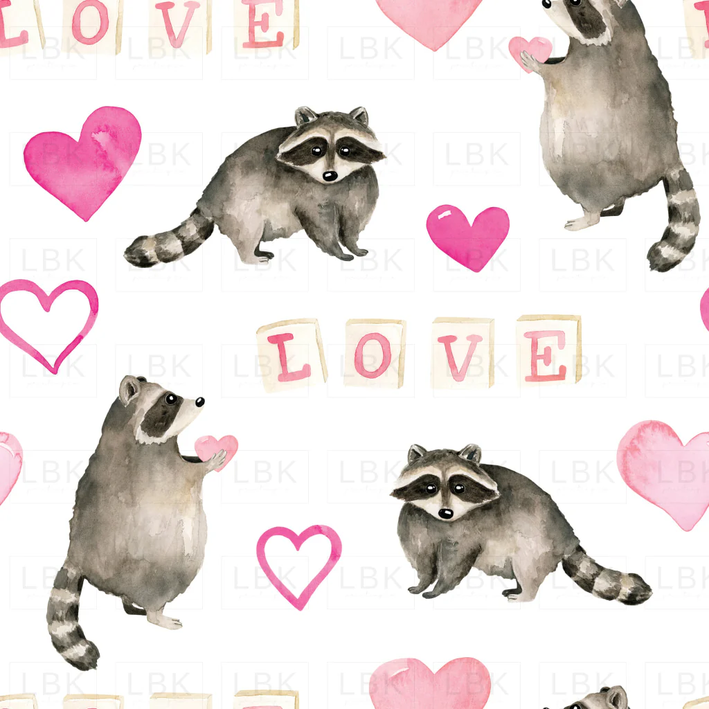 Pink Valentines Watercolor Racoon and Hearts