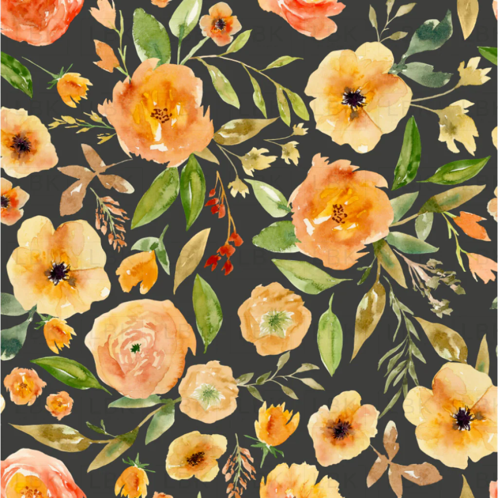 Pumpkin Orange Fall Florals on Charcoal Black