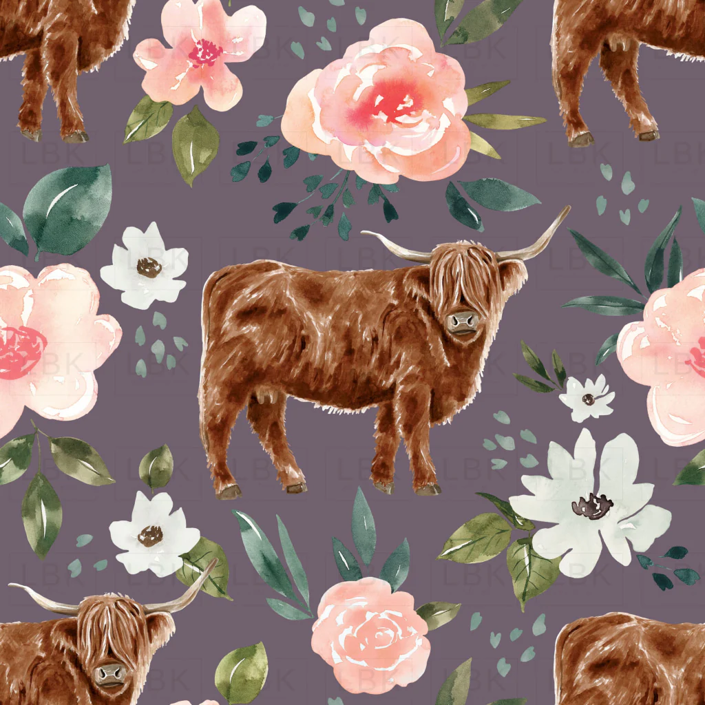 Purple Vintage Spring Highland Cow Floral
