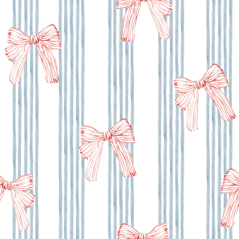 Red Ribbon Bows on Light Blue Pencil Stripes