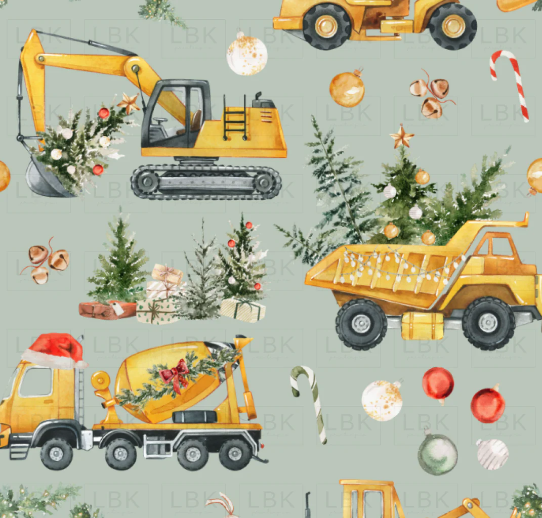 Santa's Little Builders - Christmas Construction Trucks on Sage Gray