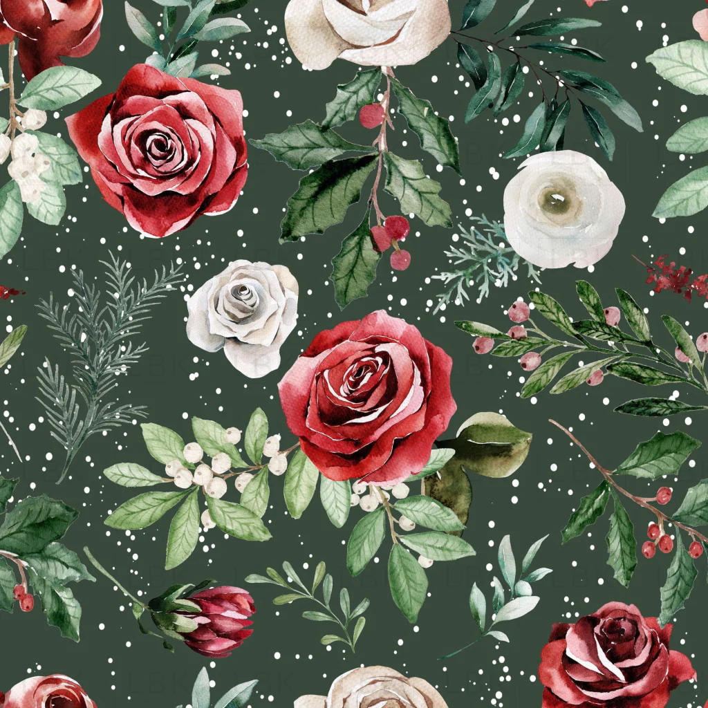 Snowy Christmas Florals on Evergreen