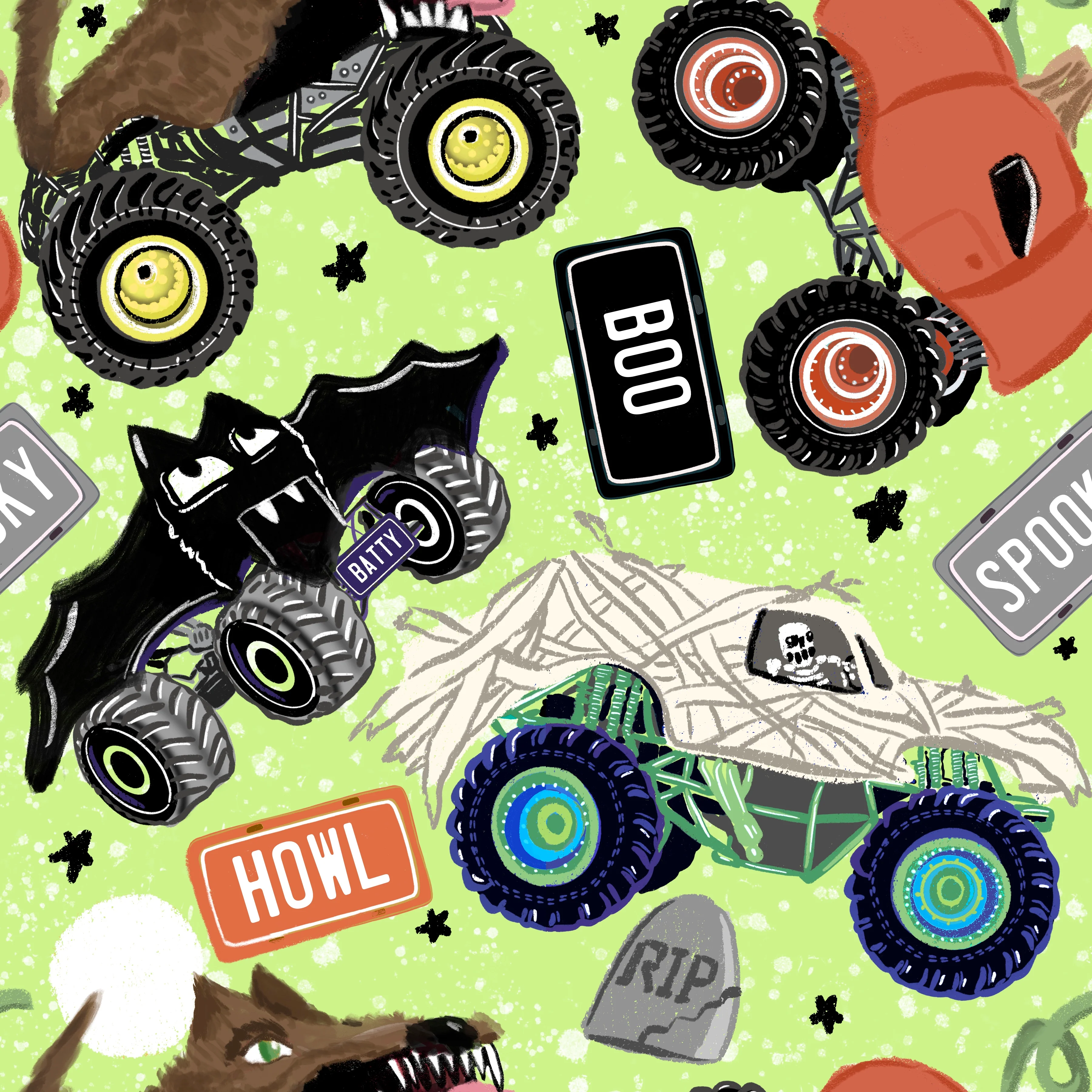 Spooky monster trucks bright green