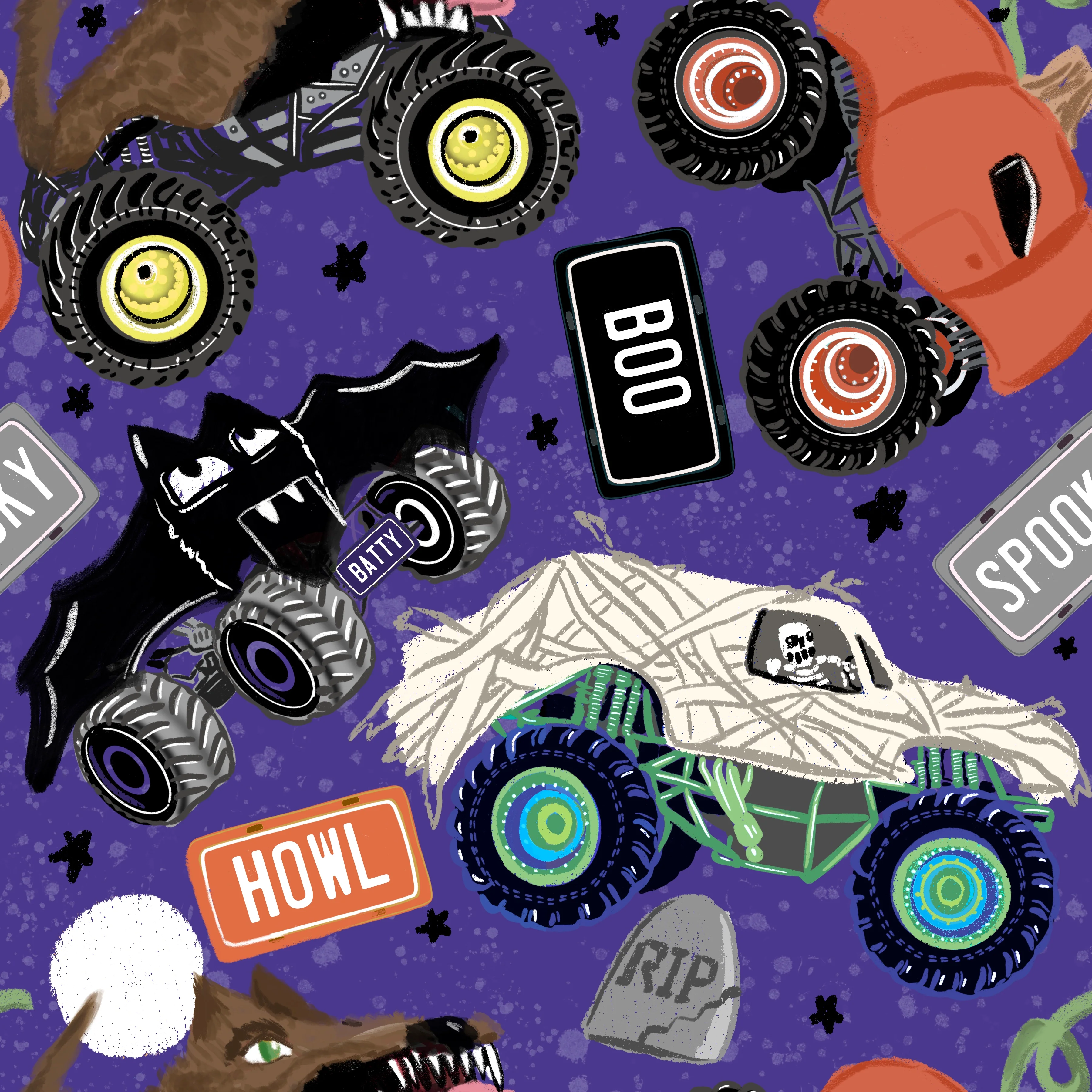 Spooky monster trucks purple