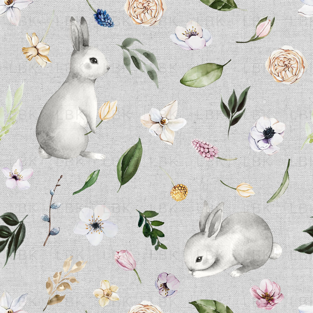 Spring Bunnies on Gray Chambray