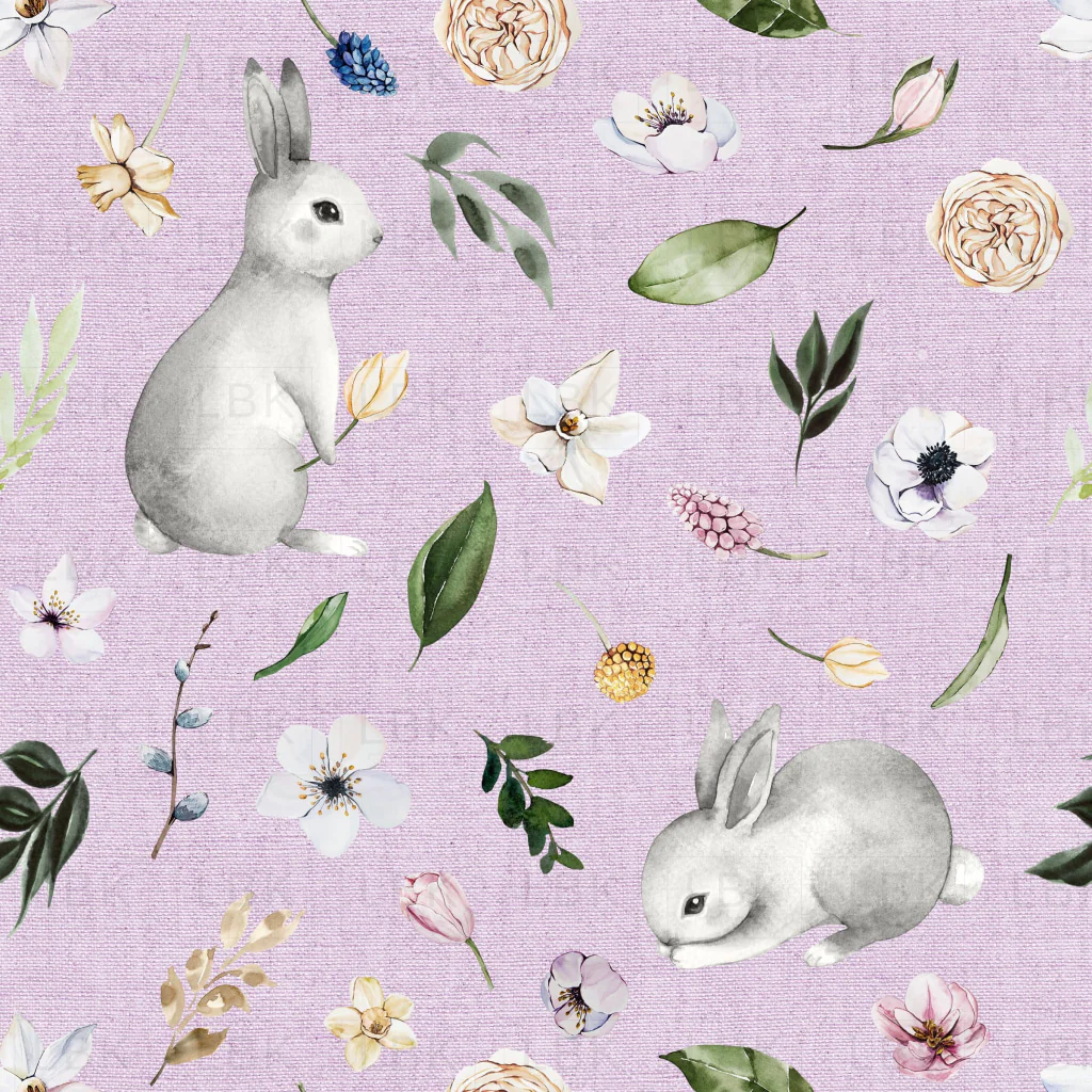 Spring Bunnies on Lavender Chambray