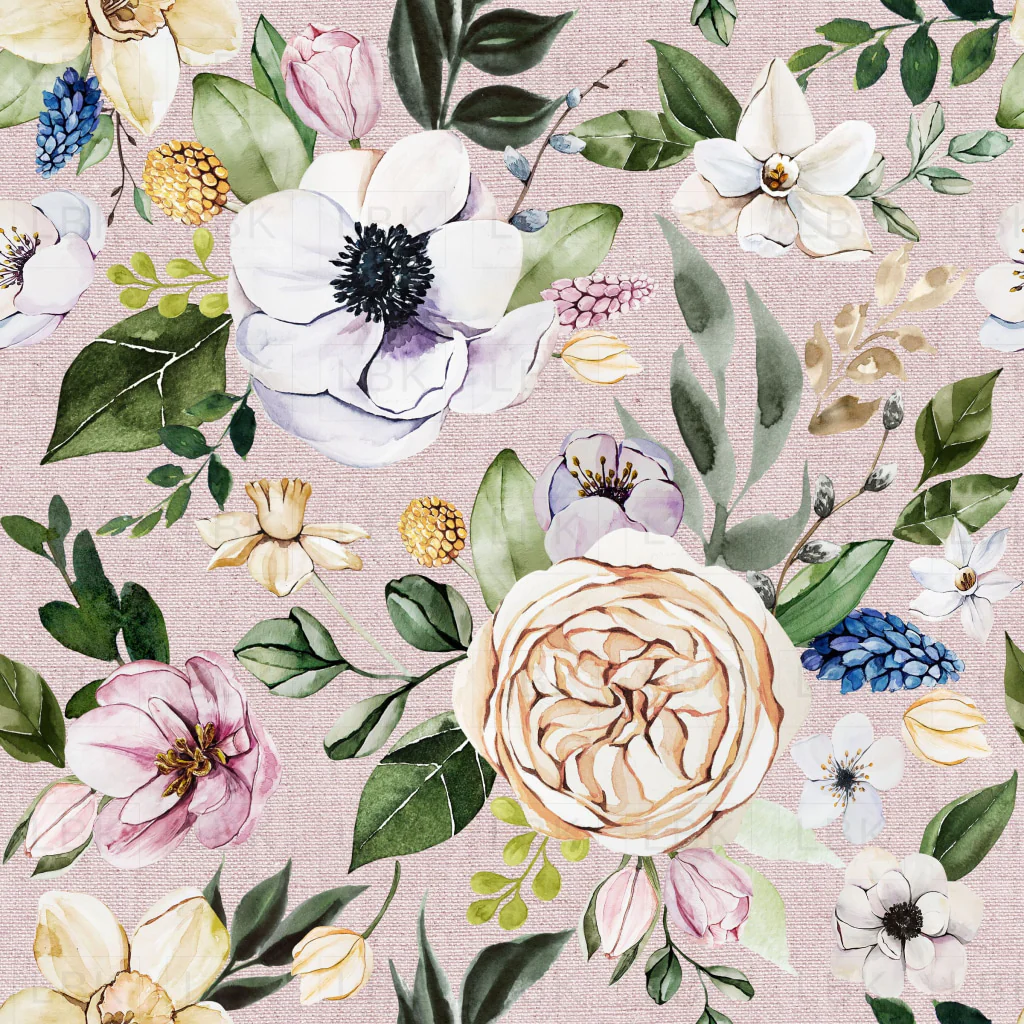 Spring Flowers on Dusty Pink Chambray