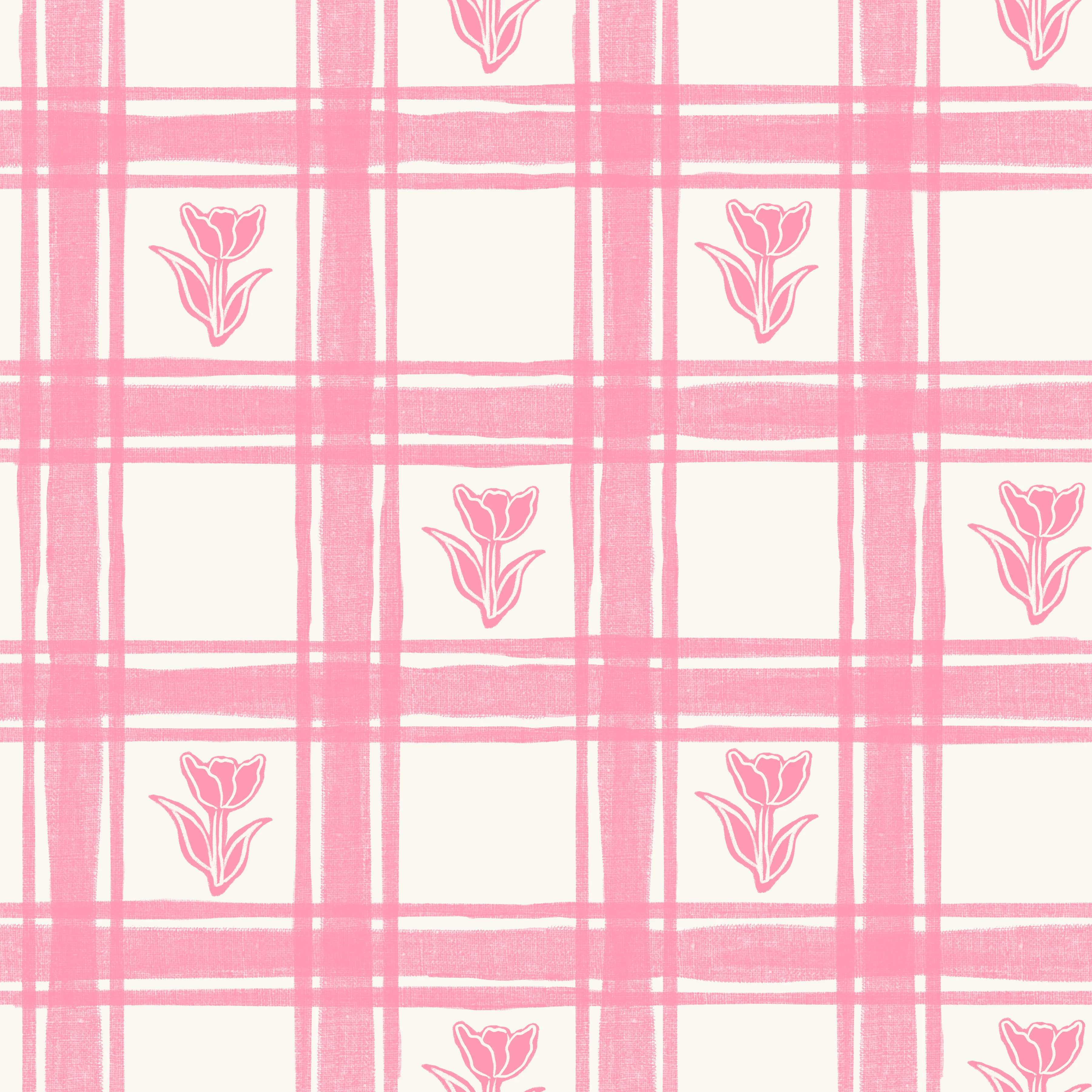 Spring Linen Gingham Pink Tulips
