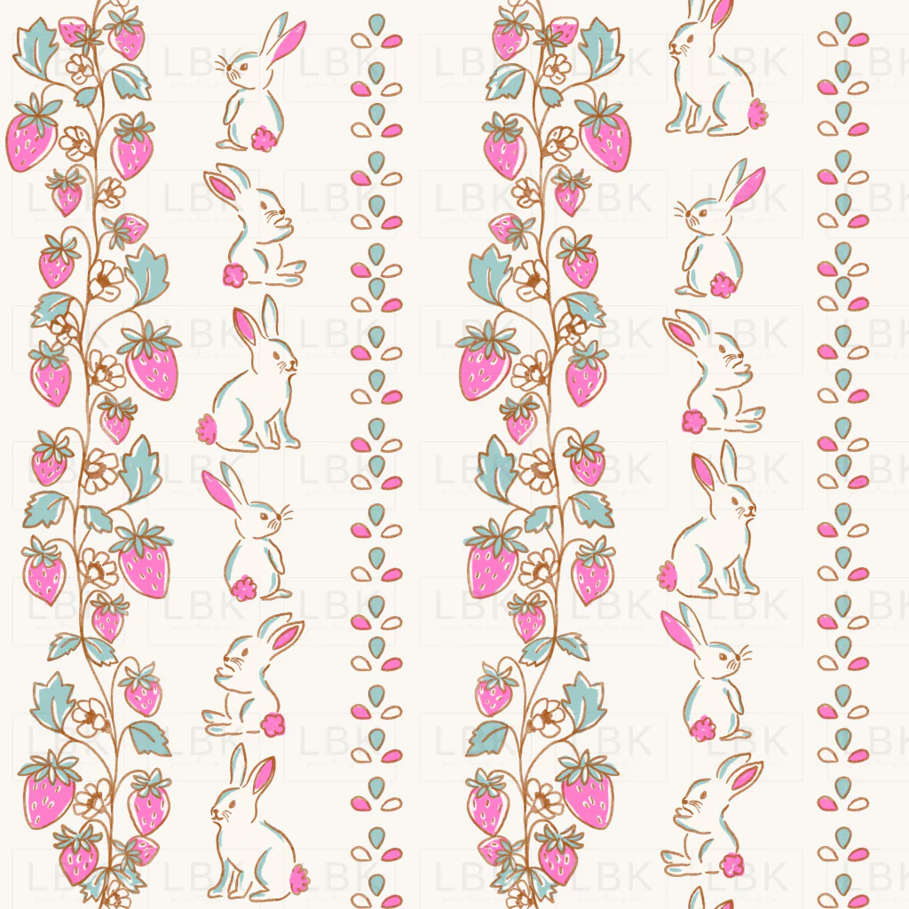 Vertical Stripe Strawberries and Bunnies White
