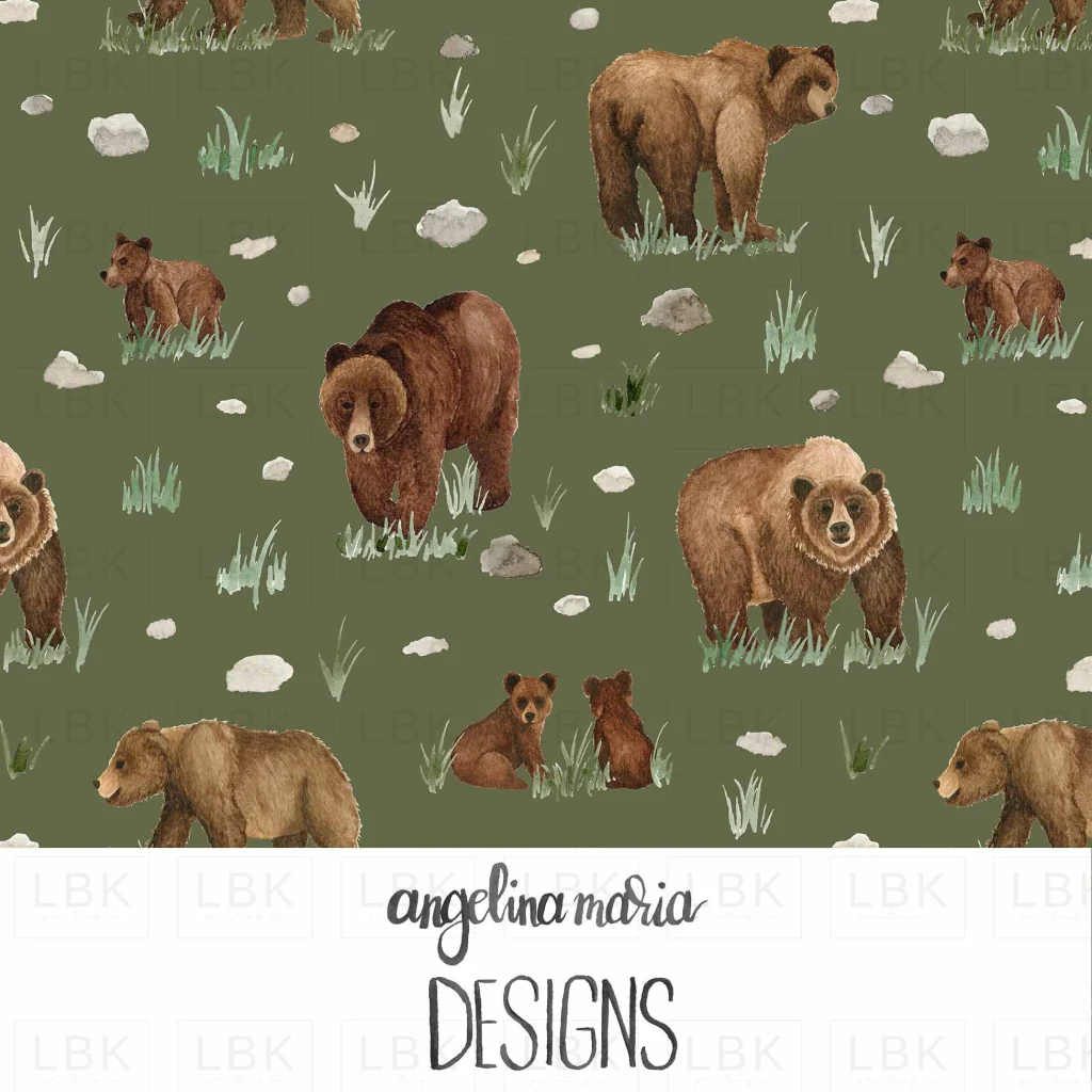 watercolor grizzly bears on army green