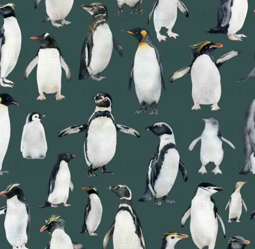 Watercolor Penguins on Dark Green Teal