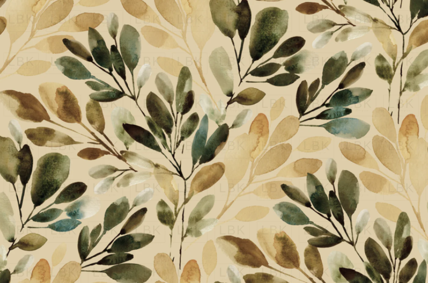 WATERCOLOR SPRIGS DARK BROWN GREEN ON TAN