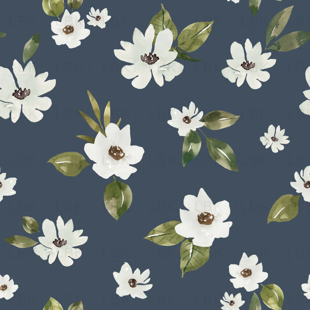 White Flowers on Dark Periwinkle Blue