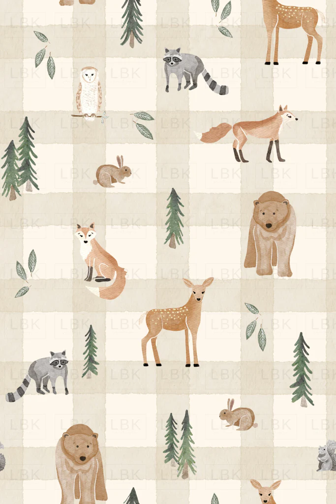 woodland animal friends gingham- beige