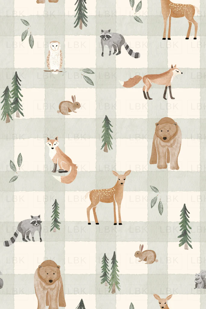 woodland animal friends gingham- light green