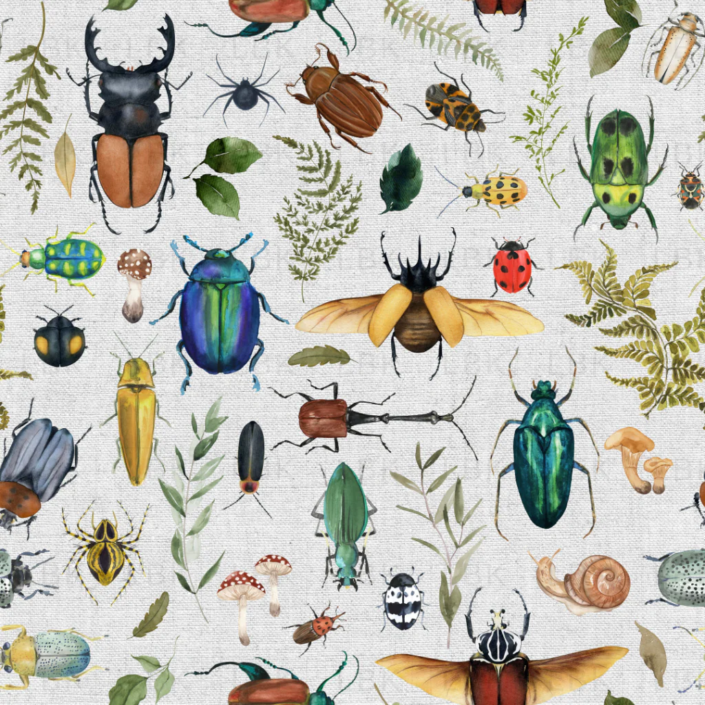 Woodland Forest Bugs and Insects on Gray Texture