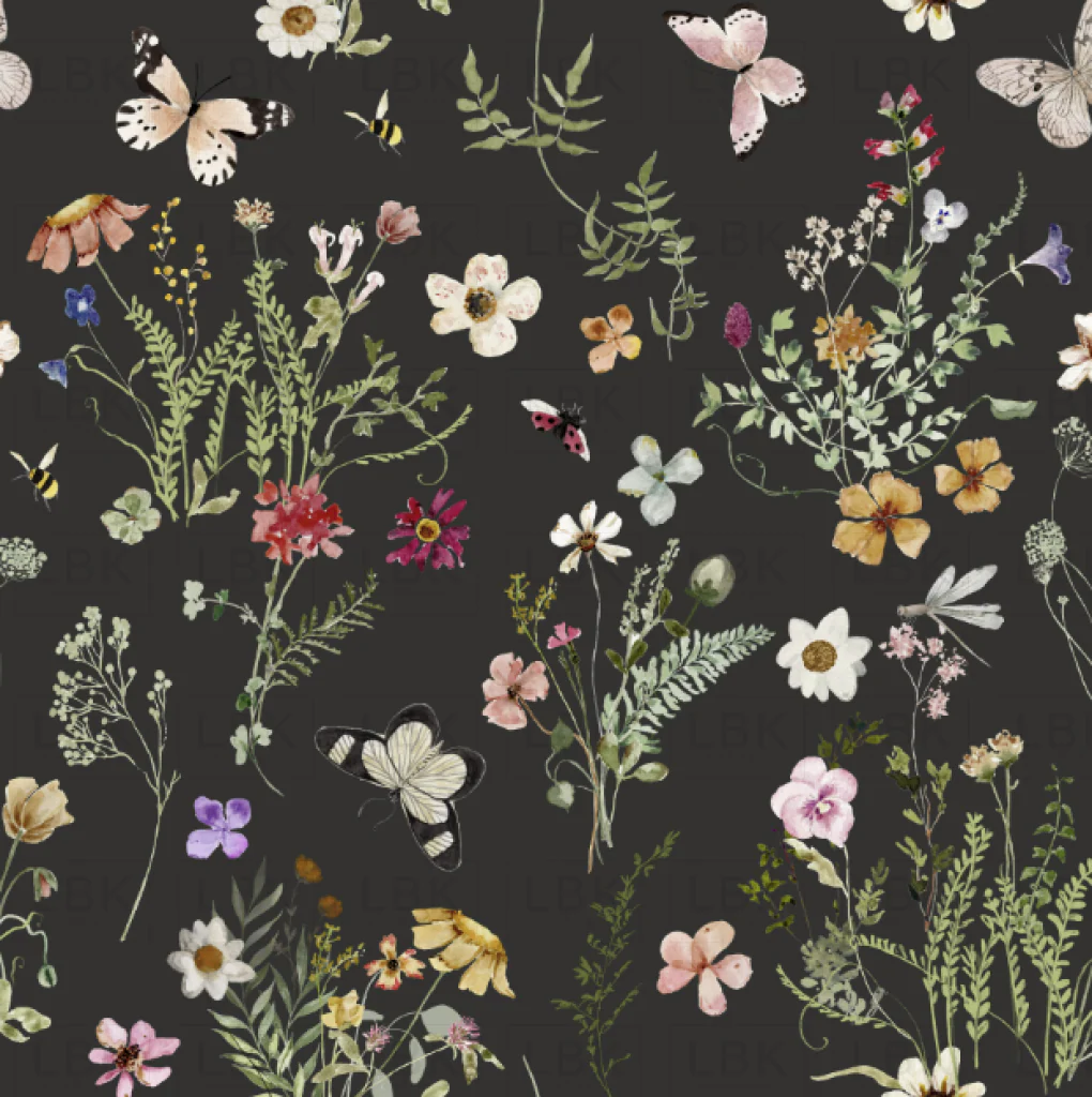 Wren's Wildflower Garden and Butterflies on Charcoal Black